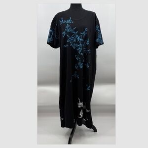 M Mac Dress Women 1X Black Midi Paper Cranes Short Sleeve Asian Scoop Neck